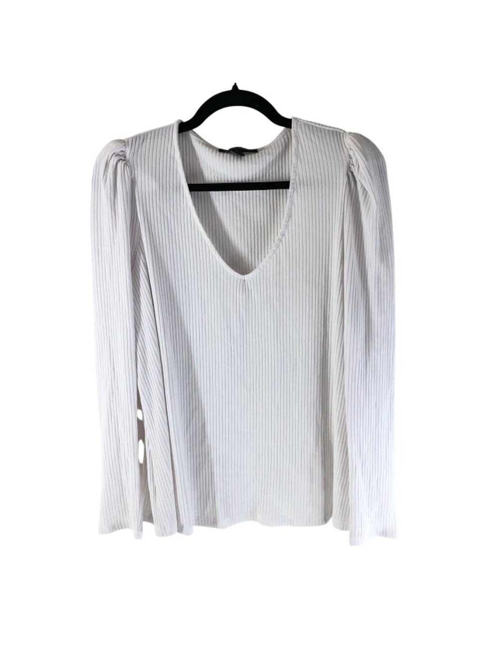 INC Womens Top Pleated Puff Sleeve Ribbed Knit V Neck White Stretch Size 1X